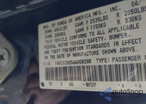 2010 Honda Accord 3.5 Ex-L из США, поврежденный, VIN 1HGCS2B85AA008288